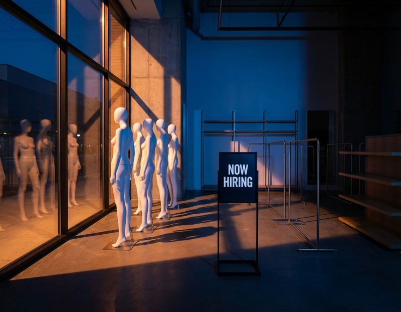 lege moderne winkel met 'nu aan het werven' bord, witte etalagepoppen en dramatische belichting door grote ramen