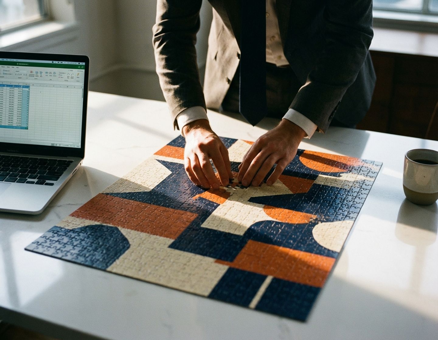 zakenvrouw plaatst laatste puzzelstukje van geometrisch patroon in marineblauw en oranje op wit bureau met laptop