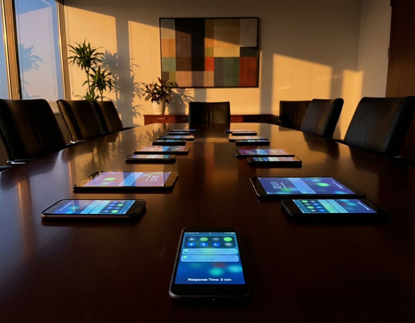 smartphones en tablets op vergadertafel tonen responsetijden en meldingen in professionele boardroom met dramatische verlichting