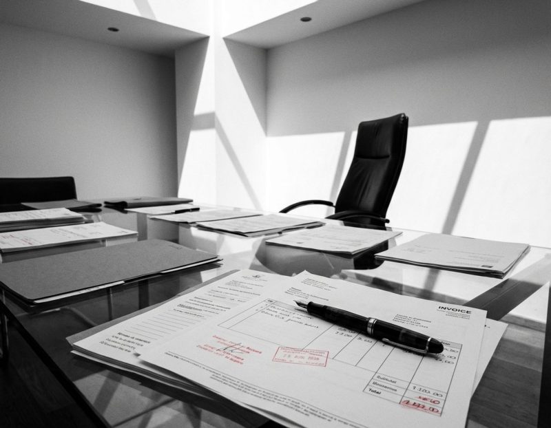 glazen vergadertafel met verspreide contractdocumenten, vulpen en lege directiestoel in modern kantoor