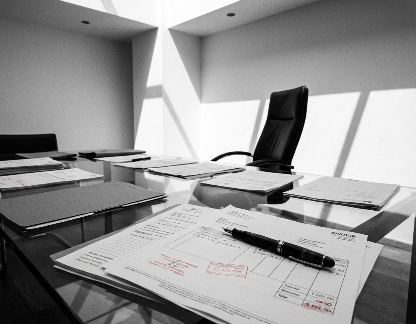 glazen vergadertafel met verspreide contractdocumenten, vulpen en lege directiestoel in modern kantoor