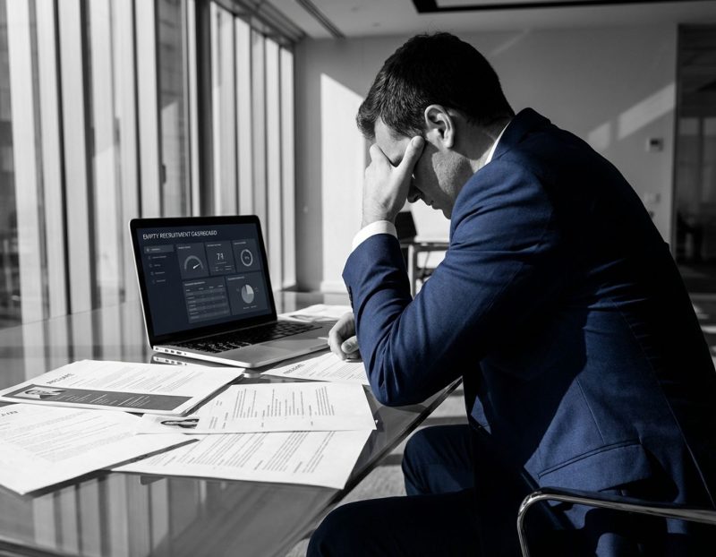 gefrustreerde zakenman in marineblauw pak aan glazen bureau met verspreide cv's en laptop, hand tegen voorhoofd