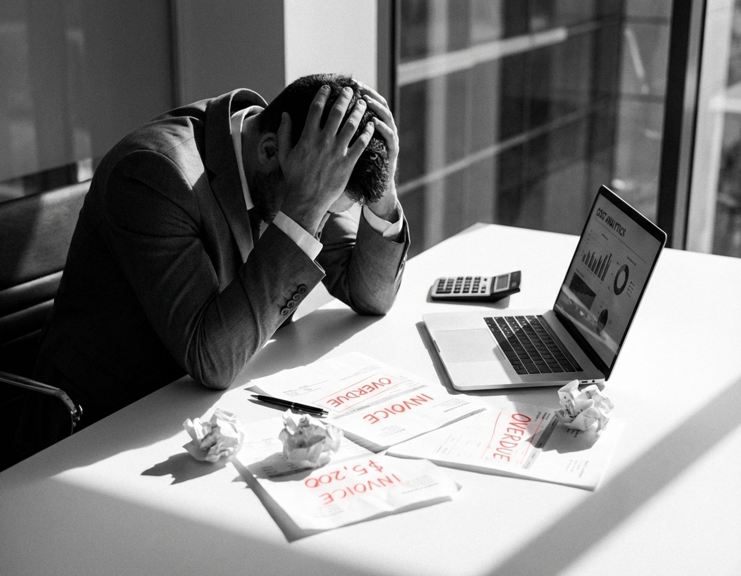 gefrustreerde zakenman in pak aan bureau met verkreukelde facturen en laptop met kostenanalyse