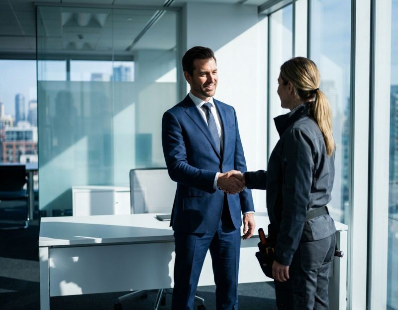 zakenman in marineblauw pak schudt handen met technicus in modern kantoor met grote ramen
