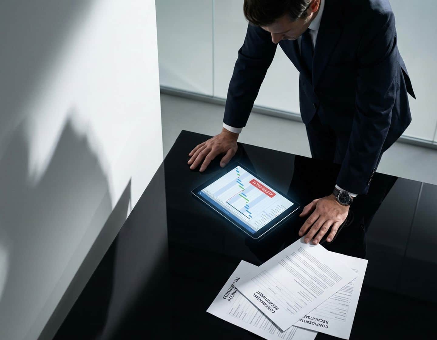 zakenman bekijkt tablet met projecttijdlijnen en rode waarschuwingen op zwart bureau met wervingsdocumenten
