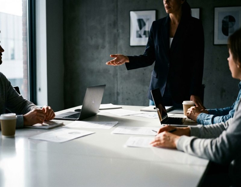 manager gebaart naar twee freelancers tijdens zakelijke vergadering aan witte tafel in moderne conferentieruimte