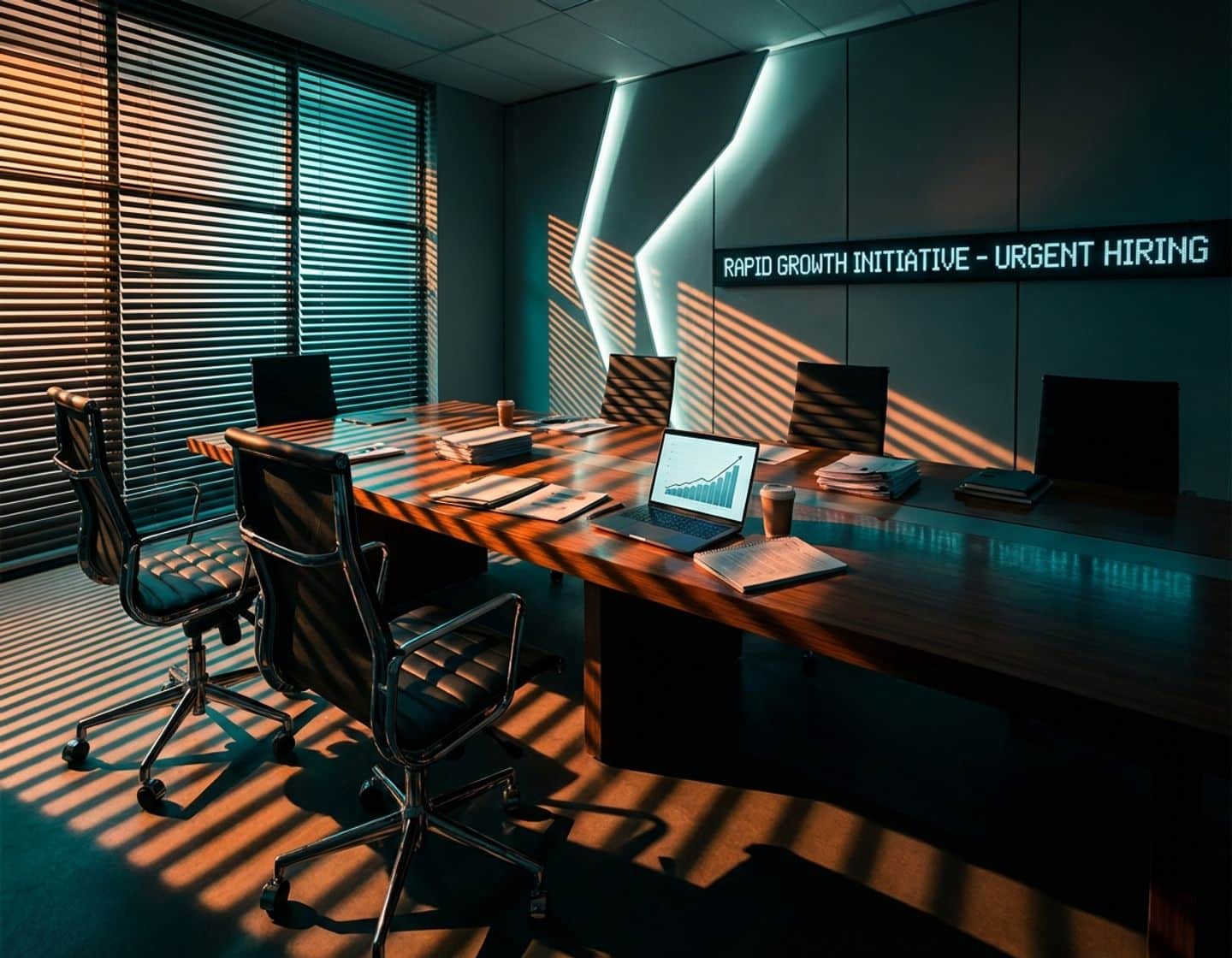 moderne vergaderruimte met lege stoelen rond tafel, laptop en documenten, dramatische belichting door jaloezieën