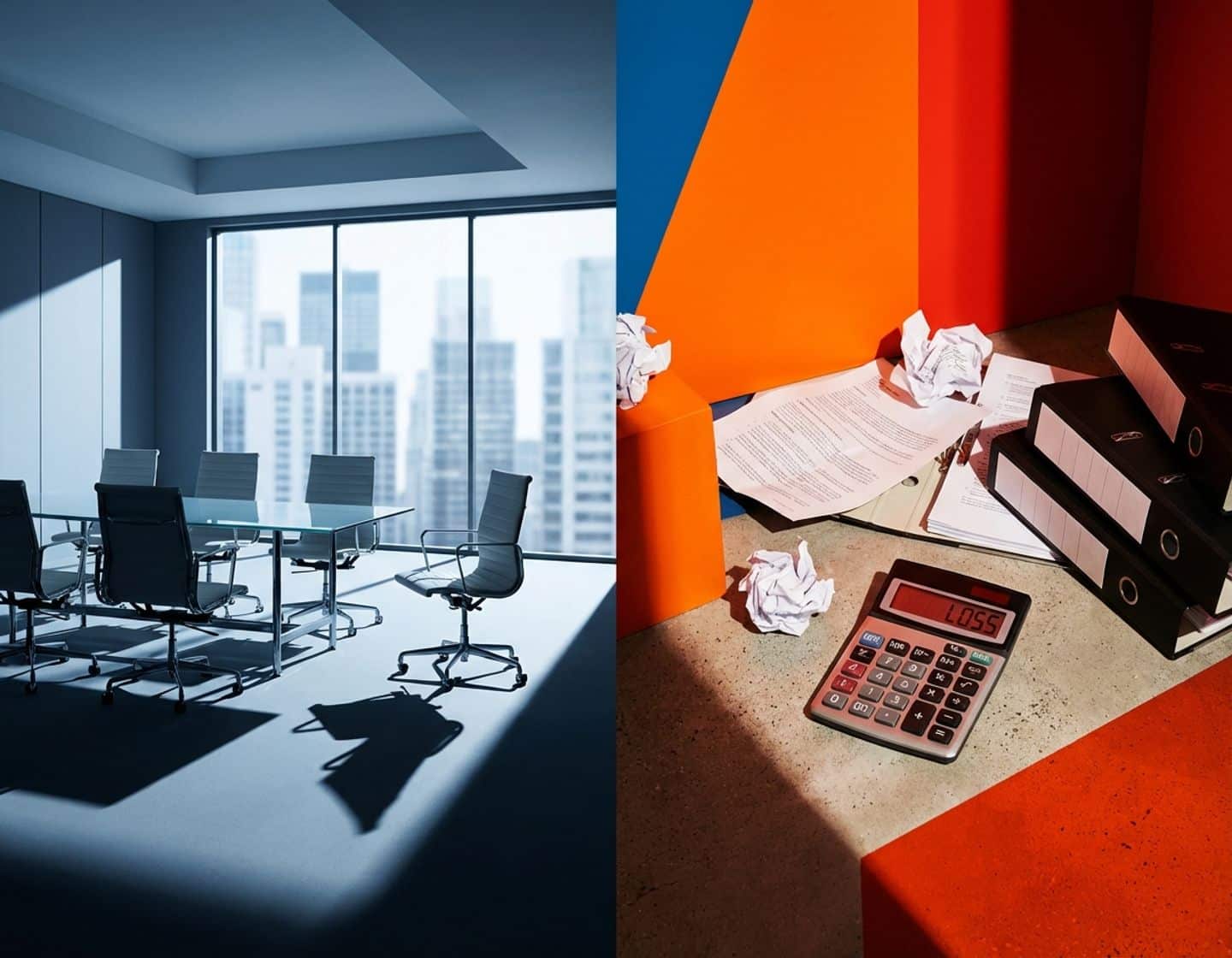 lege vergaderzaal met stoelen en conferentietafel naast rode geometrische vormen met verspreide documenten en rekenmachine
