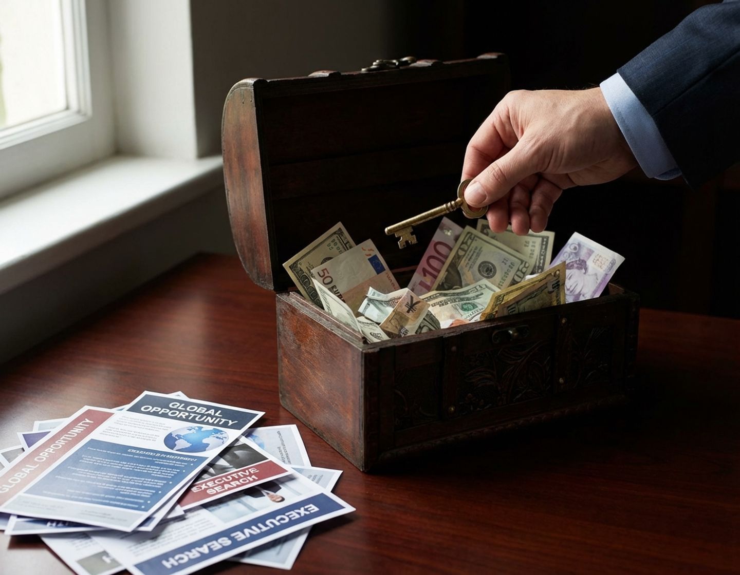 zakenman plaatst gouden sleutel in houten schatkist vol internationale valuta op mahoniehout bureau