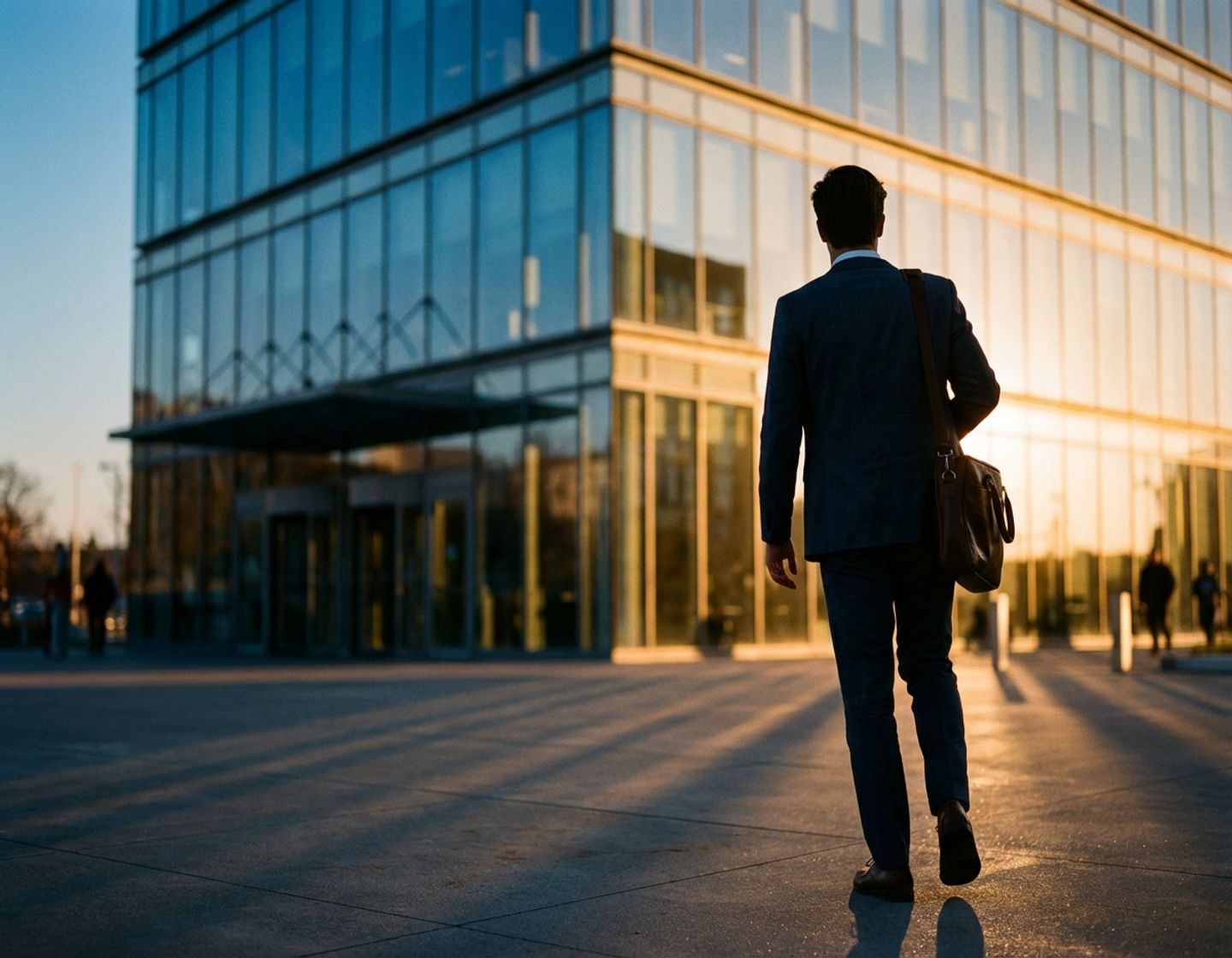 jonge professional in pak loopt weg van modern kantoorgebouw met laptoptas, dramatische belichting creëert silhouet