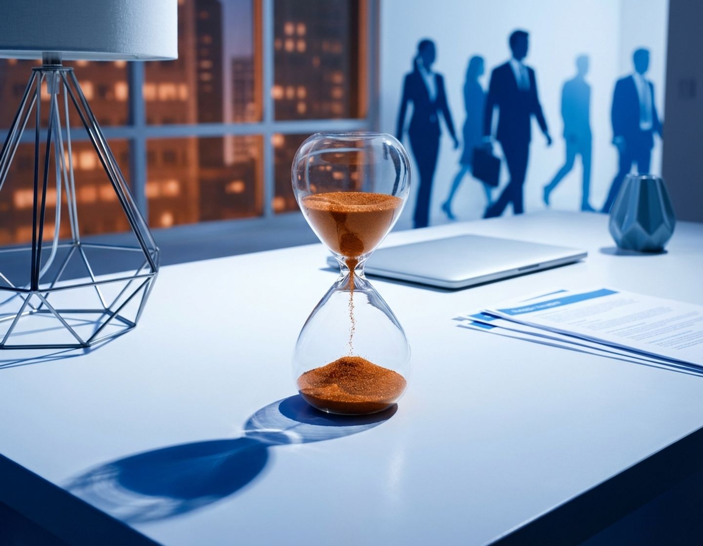 moderne glazen zandloper met bevroren zand op wit bureau, wazig silhouetten van professionals op achtergrond