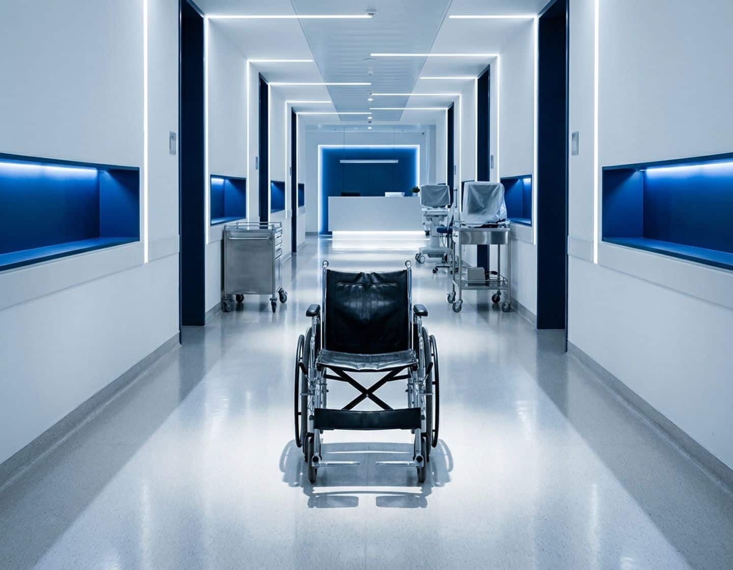 lege rolstoel in moderne ziekenhuisgang met witte muren, blauwe verlichting en symmetrische lijnen naar receptie