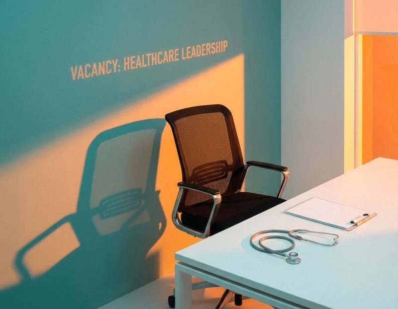 lege moderne bureaustoel aan bureau met stethoscoop en klembord, dramatische verlichting in teal en oranje kleuren